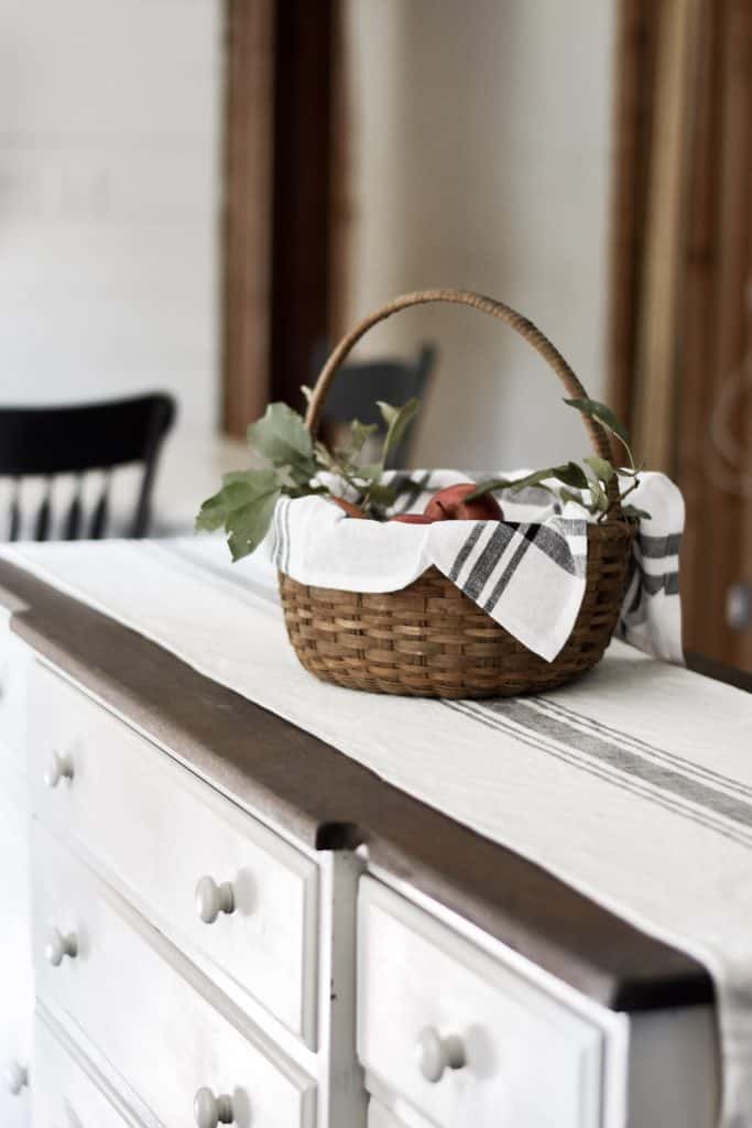 Antique Basket on Refinished Madeover Antique Buffet as Kitchen Island