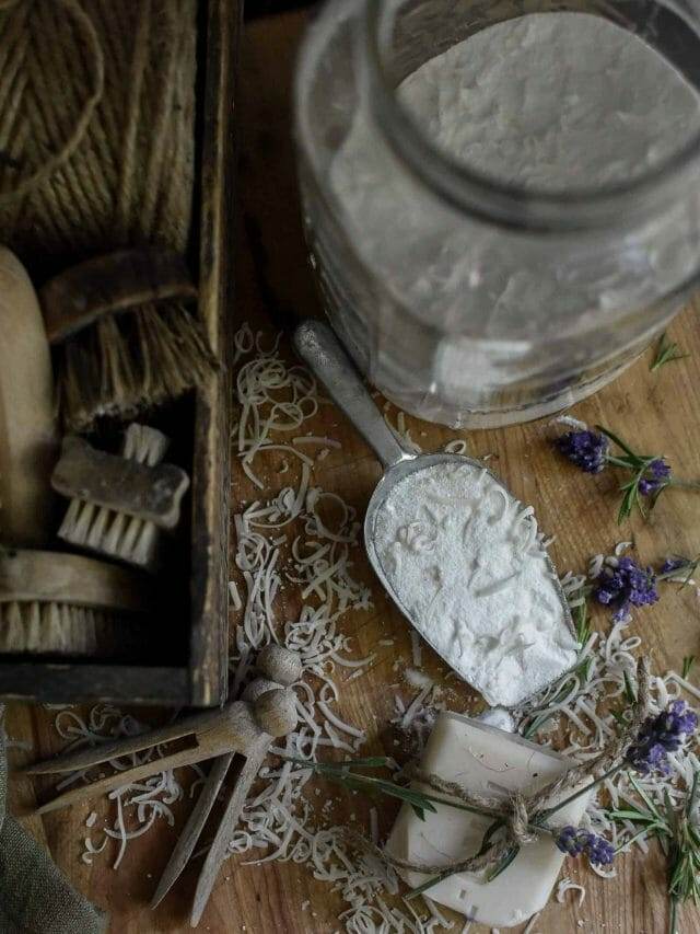 A metal scoop with homemade laundry detergent.