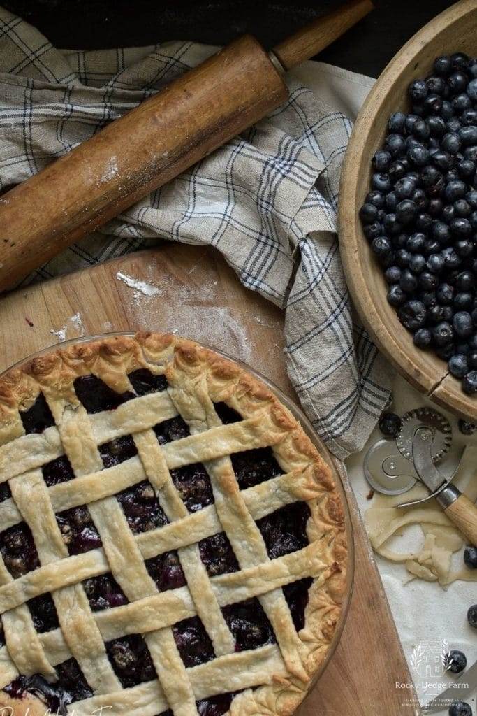 Blueberry pie fresh from the oven with a lattice crust.