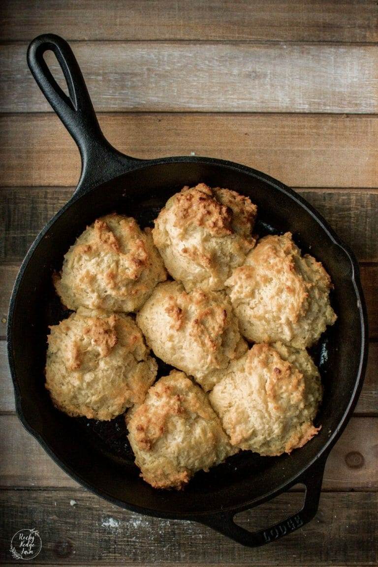 Buttermilk drop biscuits in a cast iron skillet