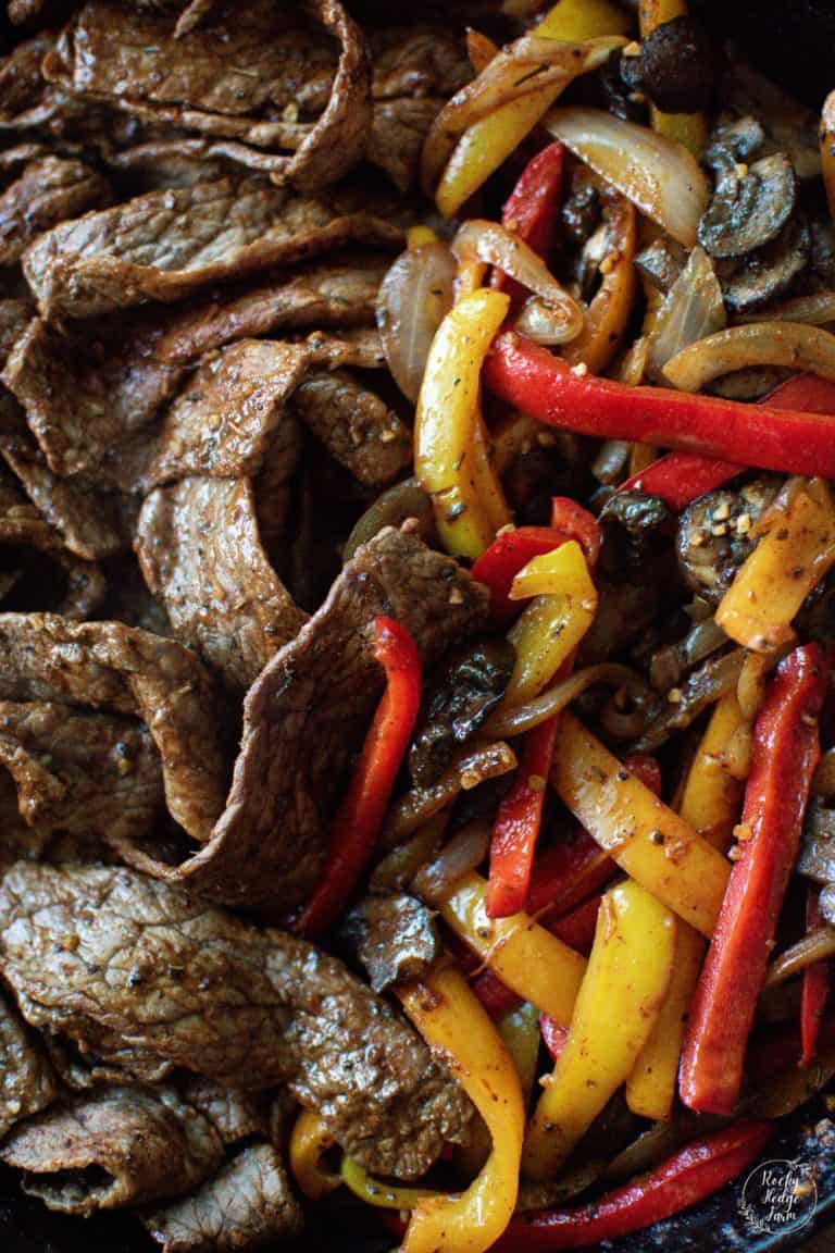 Vegetable and Beef Fajitas in a cast iron skillet