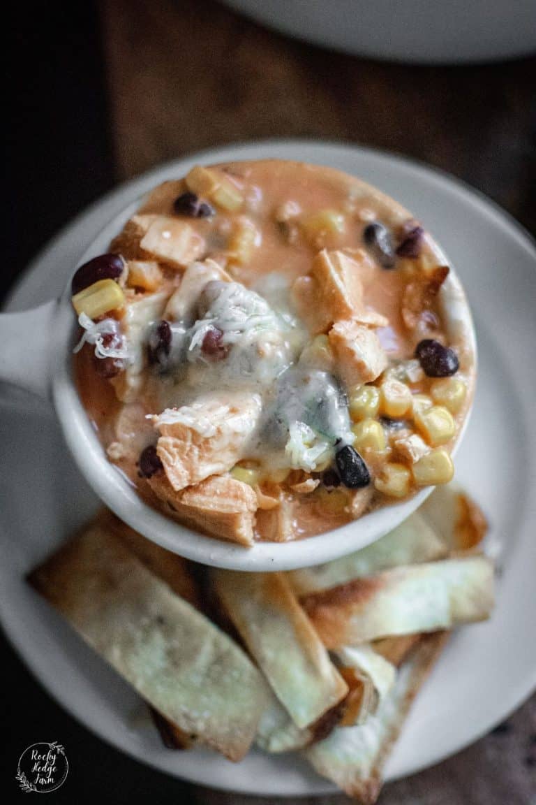 A bowl of creamy southwest chicken soup topped with sourcream and cheese