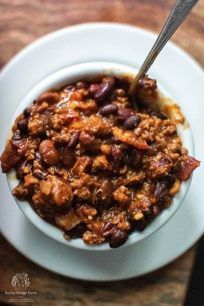 Homemade Cowboy Beans in a white bowl