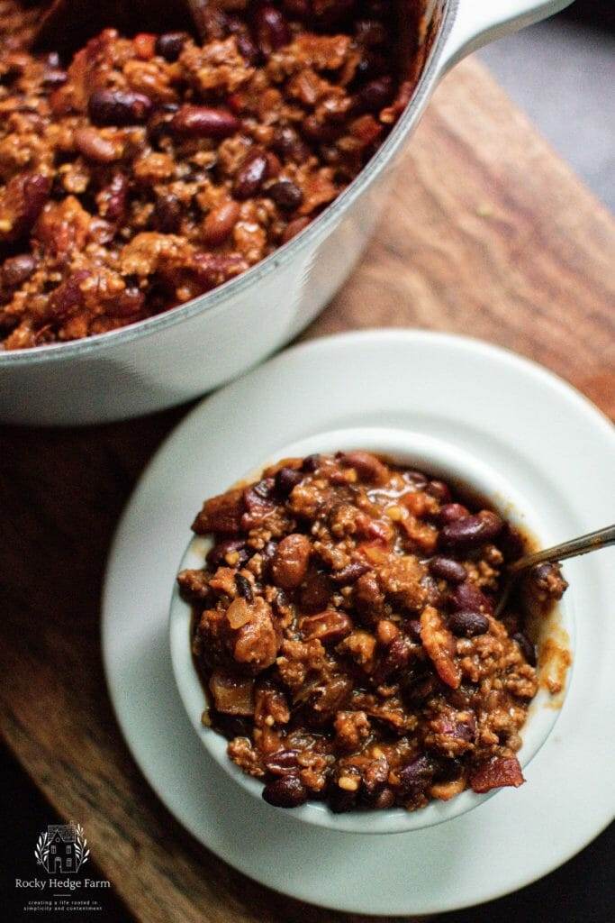 cowboy beans served a white bowl