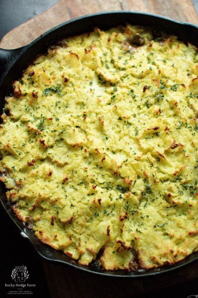 Shepherd's Pie in a cast iron skillet