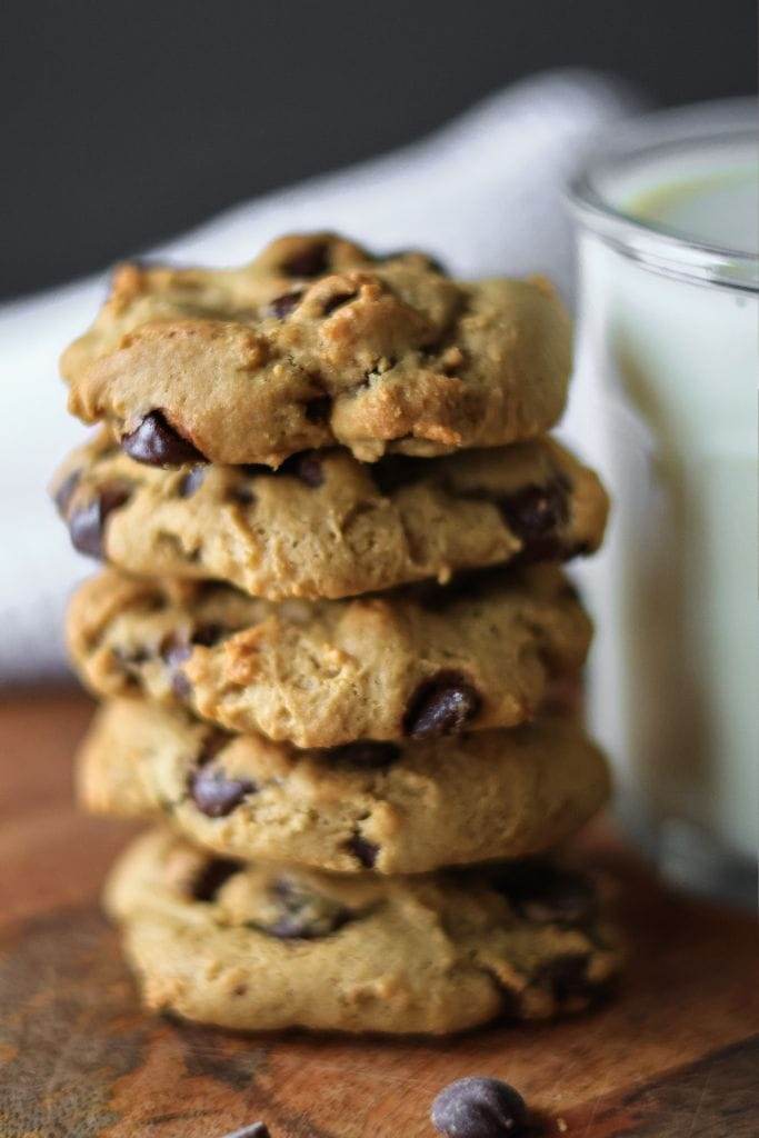 a stack of freshly baked sourdough chocolate chip cookies with discard