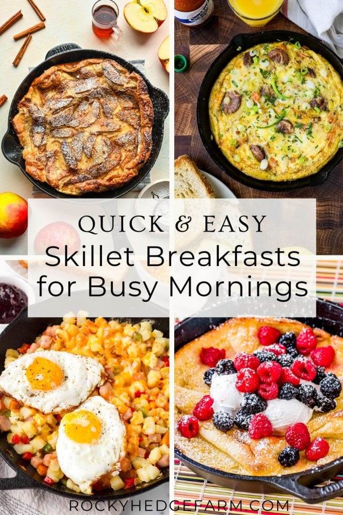 A close-up photo of a cast iron skillet breakfast scramble with colorful ingredients.