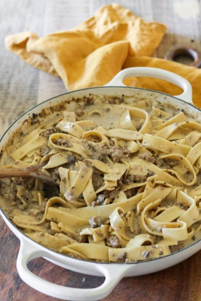 A skillet of ground beef stroganoff