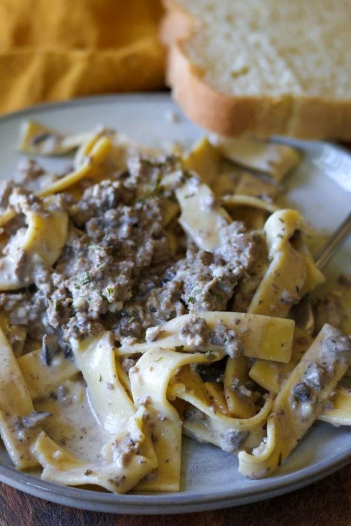 A close-up of a steaming plate of ground beef stroganoff, ready to be enjoyed.