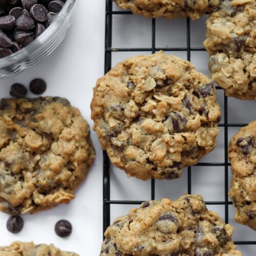 freshly baked oatmeal chocolate chip cookies with a golden-brown texture and melted chocolate chips.