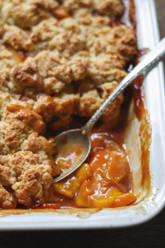 close up of peach cobbler