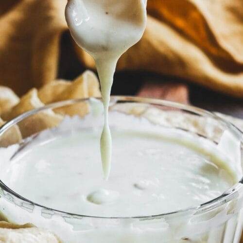 A bowl of white queso with a chip held up that has the queso dripping off of it.