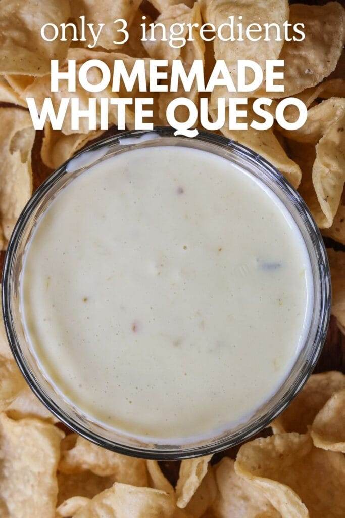 a bowl of white queso with chips laying around it.