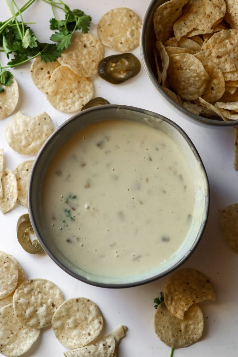 A simple yet delicious 3-ingredient white queso dip in a white bowl, with a creamy texture perfect for dipping.