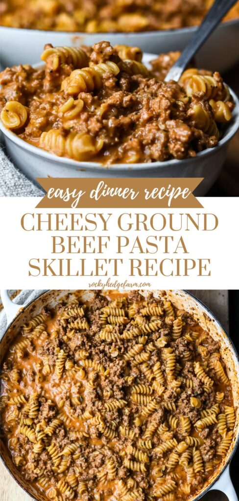 Cheesy ground beef pasta served in a cast iron skillet