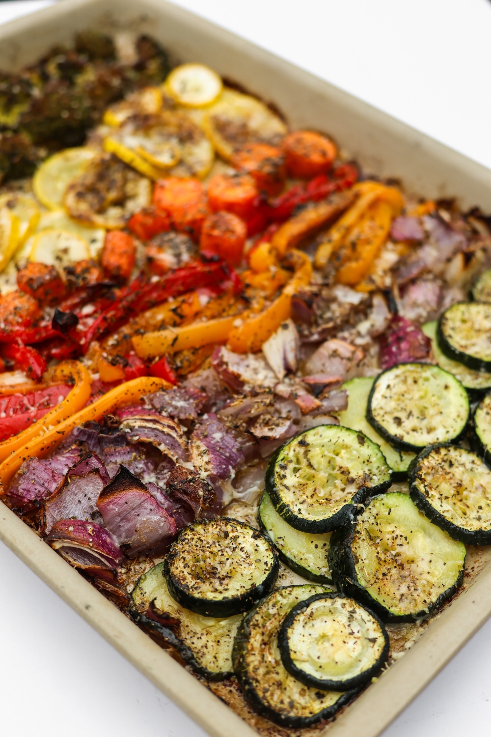 Vegetable sheet pan recipe with a colorful mix of fresh vegetables