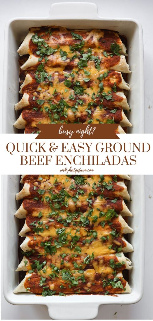 an image of ground beef enchiladas in a 9x13 casserole dish with text overlay that says quick & easy ground beef enchiladas